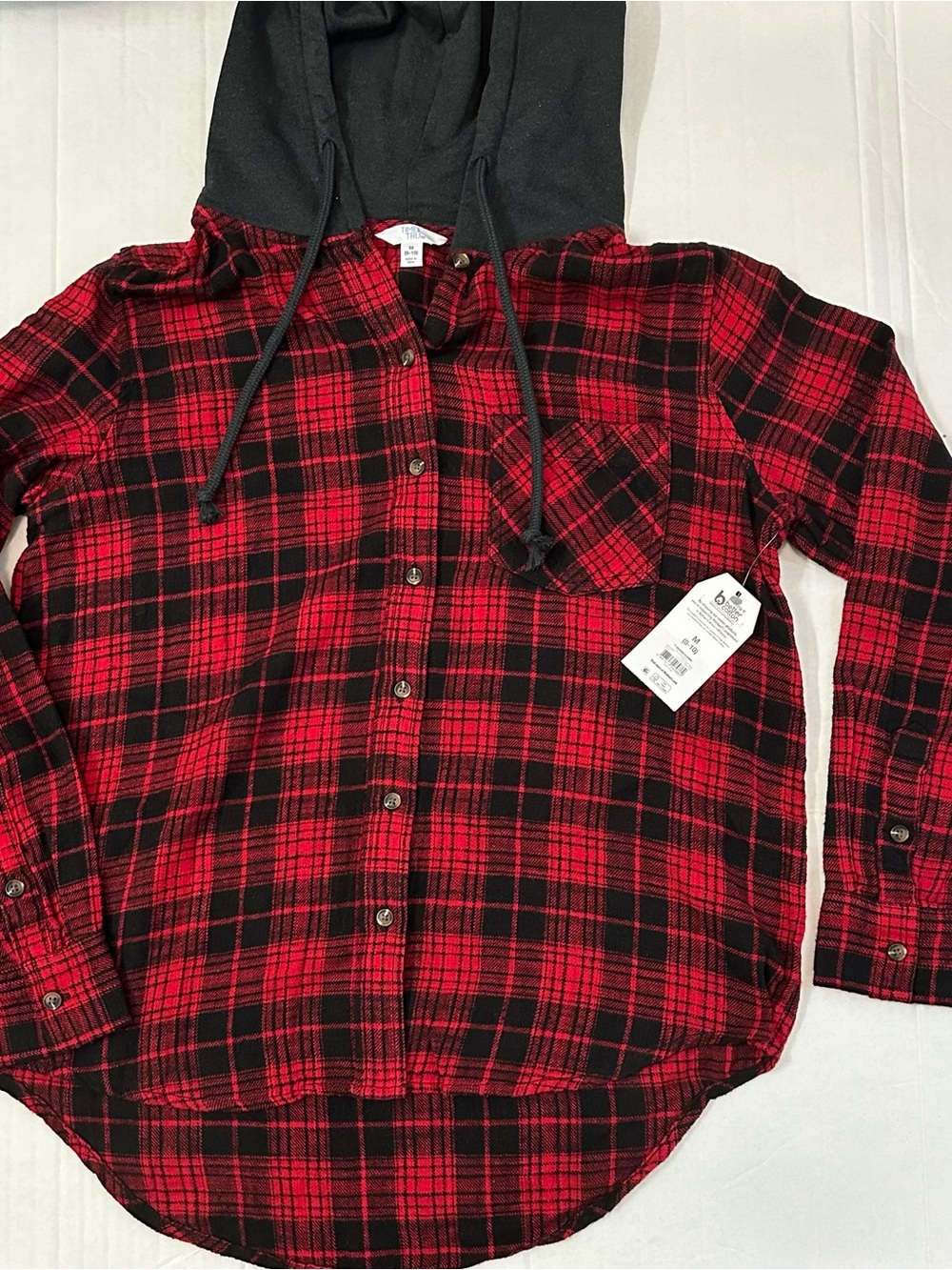 Time and Tru Red and Black Plaid Button-Down Hoodie Shirt, Size Medium
